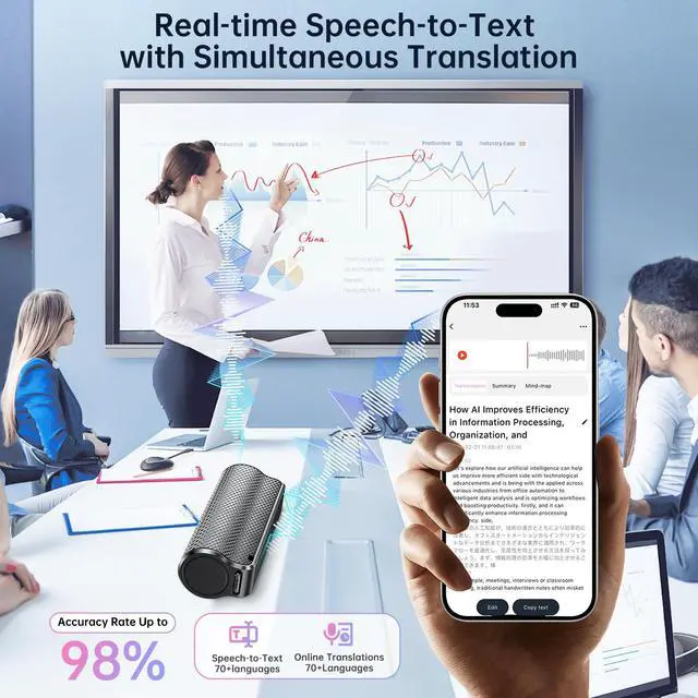 Alt view image 3 of 3 - AI Voice Recorder with Real-Time Transcription & Translation, AI Voice Transcriber, Smart Summary, AI-Powered Mind Mapping & Translator for Meetings Notes, Interviews & Lectures, 70+ Languages (64GB)