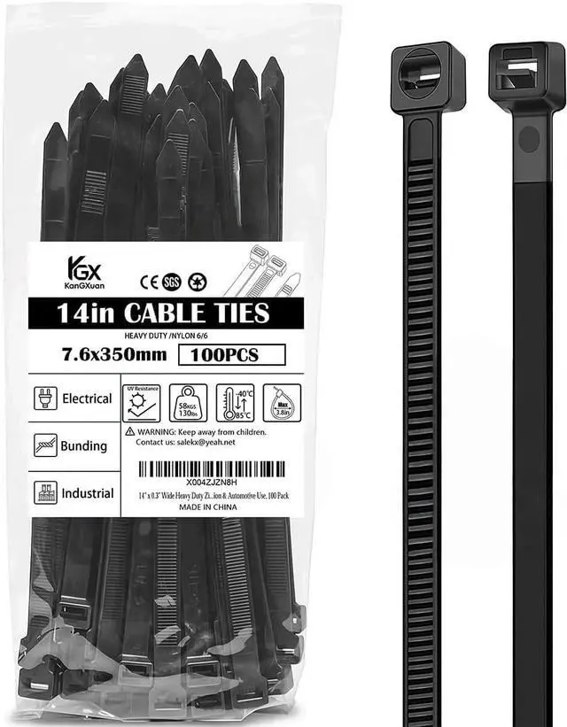 Main image of 14" x 0.3" Wide Heavy Duty Zip Ties, 130 Lbs Tensile Strength Black Self-Locking Nylon Cable Ties for Wire Management, Fence, Construction & Automotive Use, 100 Pack