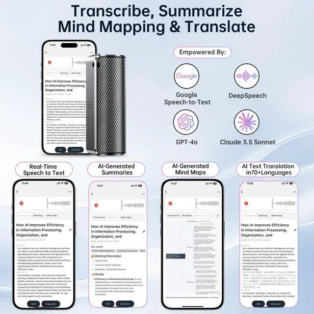 Alt view image 2 of 3 - AI Voice Recorder with Real-Time Transcription & Translation, AI Voice Transcriber, Smart Summary, AI-Powered Mind Mapping & Translator for Meetings Notes, Interviews & Lectures, 70+ Languages (64GB)
