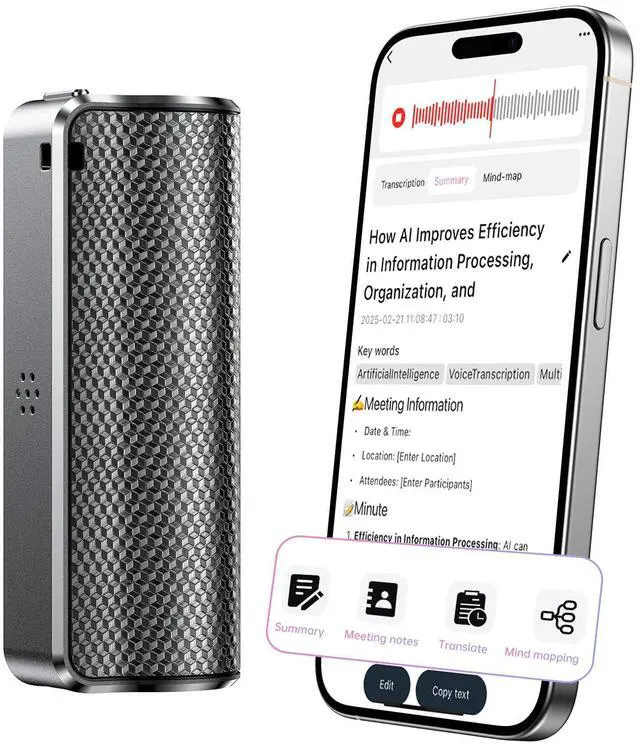 Main image of AI Voice Recorder with Real-Time Transcription & Translation, AI Voice Transcriber, Smart Summary, AI-Powered Mind Mapping & Translator for Meetings Notes, Interviews & Lectures, 70+ Languages (64GB)