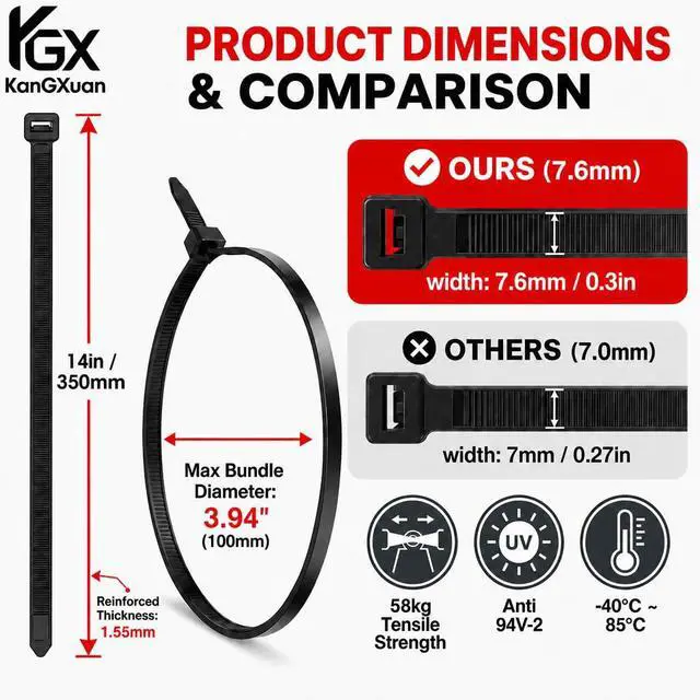 Alt view image 2 of 5 - 14" x 0.3" Wide Heavy Duty Zip Ties, 130 Lbs Tensile Strength Black Self-Locking Nylon Cable Ties for Wire Management, Fence, Construction & Automotive Use, 100 Pack