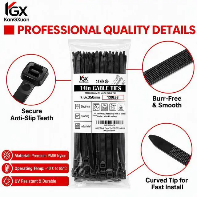 Alt view image 4 of 5 - 14" x 0.3" Wide Heavy Duty Zip Ties, 130 Lbs Tensile Strength Black Self-Locking Nylon Cable Ties for Wire Management, Fence, Construction & Automotive Use, 100 Pack