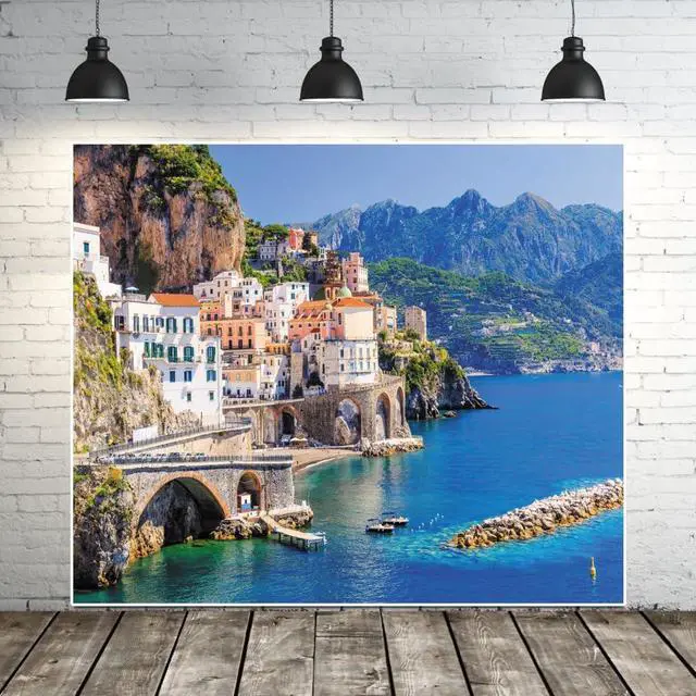 Main image of Italy Amalfi Coast Backdrop 10x8ft Fabric Italian Medieval Village Colorful Building Natural Scenery Backdrops Italian Themed Birthday Party Background Italy Tour Events Backdrop