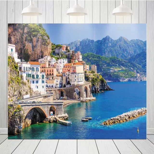 Alt view image 3 of 3 - Italy Amalfi Coast Backdrop 10x8ft Fabric Italian Medieval Village Colorful Building Natural Scenery Backdrops Italian Themed Birthday Party Background Italy Tour Events Backdrop