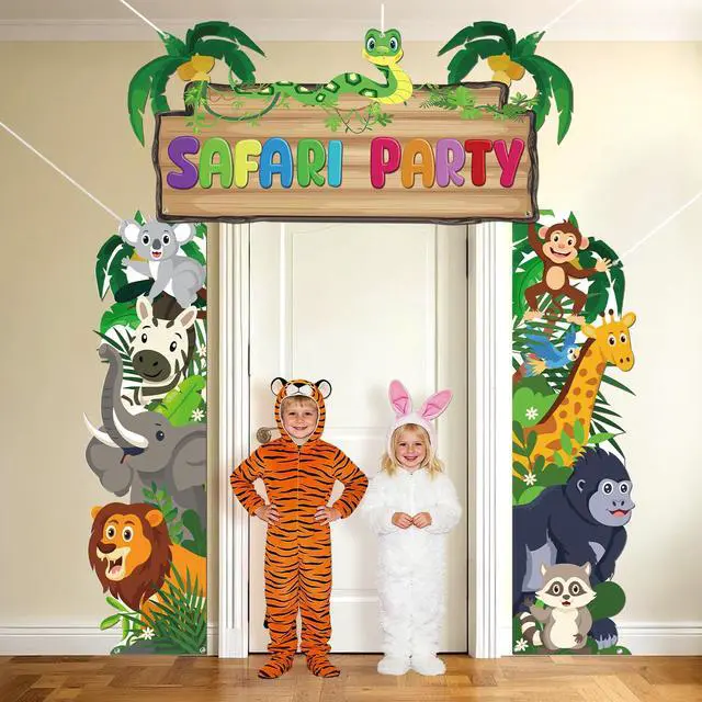 Alt view image 2 of 7 - Cartoon Jungle Safari Door Porch Banner Party Decoration Safari Animal Party Decor Backdrop Jungle Wild Animal Photo Booth Props Background for Safari Theme Birthday Party Decoration Baby Shower