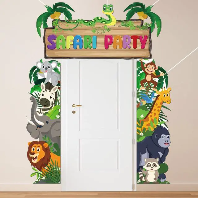Main image of Cartoon Jungle Safari Door Porch Banner Party Decoration Safari Animal Party Decor Backdrop Jungle Wild Animal Photo Booth Props Background for Safari Theme Birthday Party Decoration Baby Shower