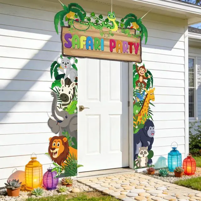 Alt view image 5 of 7 - Cartoon Jungle Safari Door Porch Banner Party Decoration Safari Animal Party Decor Backdrop Jungle Wild Animal Photo Booth Props Background for Safari Theme Birthday Party Decoration Baby Shower