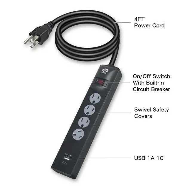 Alt view image 5 of 6 - Surge Protector Power Strip, 4 Outlets, Two USB 2.4A Ports (1A1C), 4FT Extension Cord, 500 Joules, 15A/1800W,Wall Mountable, UL Listed