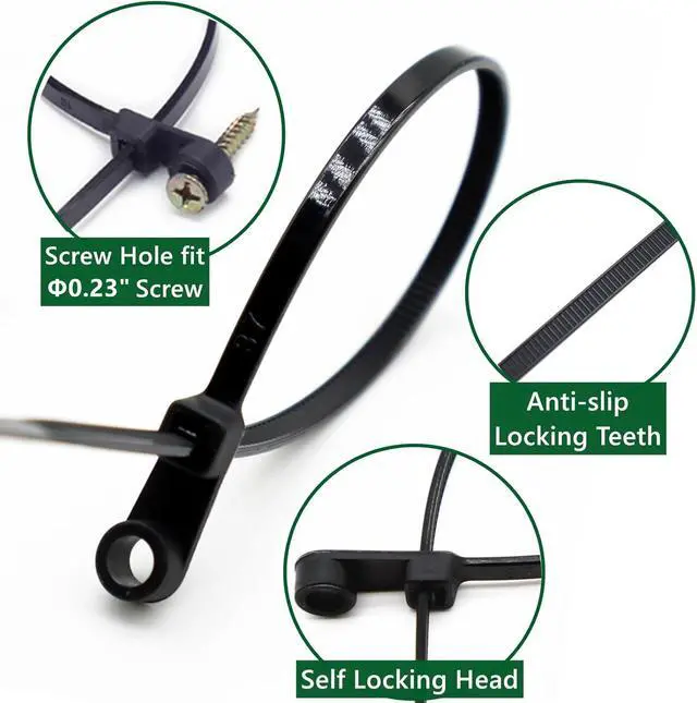 Alt view image 3 of 6 - 200pcs Zip Tie with Screw Hole, 8 inch Automotive Wire Self Locking Black Zip Ties, Screw Zip Tie Mount (8")
