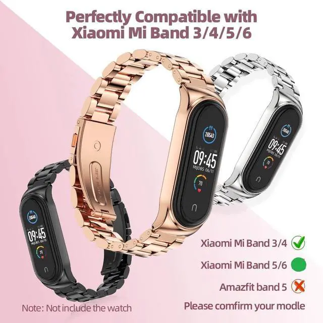 Alt view image 2 of 6 - Strap Compatible with Xiaomi Mi Band 5 / Mi Band 4 / Mi Band 3 Straps, Stainless Steel Watch Band Metal Replacement Bracelet Wristband Correa for Mi Band 5 NFC Global Version