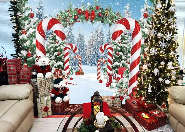 Alt view image 3 of 6 - Merry Christmas Candy Cane Backdrop Winter Snowy Scene Christmas Tree Photography Background Christmas Holiday New Year Xmas Eve Family Party Decorations Banner Booth Props (10x8FT(3.0m x 2.4m))
