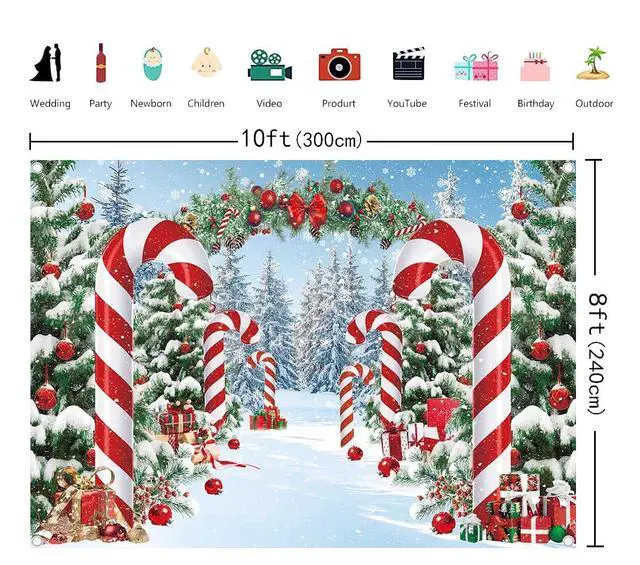 Alt view image 6 of 6 - Merry Christmas Candy Cane Backdrop Winter Snowy Scene Christmas Tree Photography Background Christmas Holiday New Year Xmas Eve Family Party Decorations Banner Booth Props (10x8FT(3.0m x 2.4m))