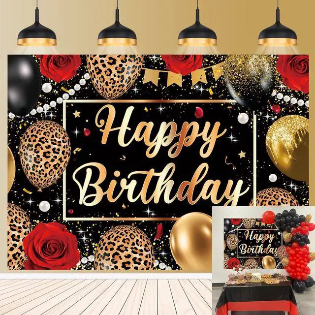 Main image of Leopard Print Birthday Backdrop Black Gold Balloons Red Rose Glitter Photography Background Women Adult Baby Shower Wedding Birthday Party Decorations Banner Photo Props 8x6FT