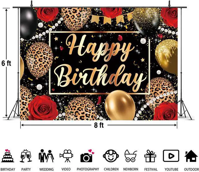 Alt view image 6 of 7 - Leopard Print Birthday Backdrop Black Gold Balloons Red Rose Glitter Photography Background Women Adult Baby Shower Wedding Birthday Party Decorations Banner Photo Props 8x6FT