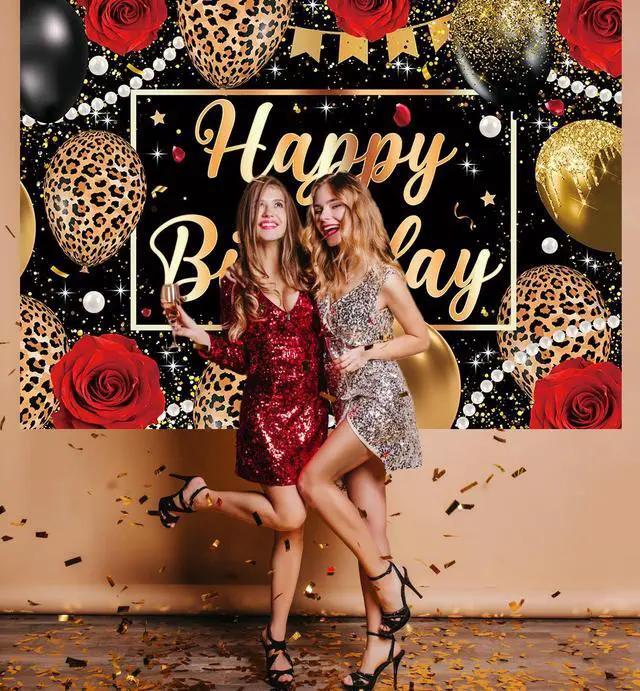 Alt view image 5 of 7 - Leopard Print Birthday Backdrop Black Gold Balloons Red Rose Glitter Photography Background Women Adult Baby Shower Wedding Birthday Party Decorations Banner Photo Props 8x6FT