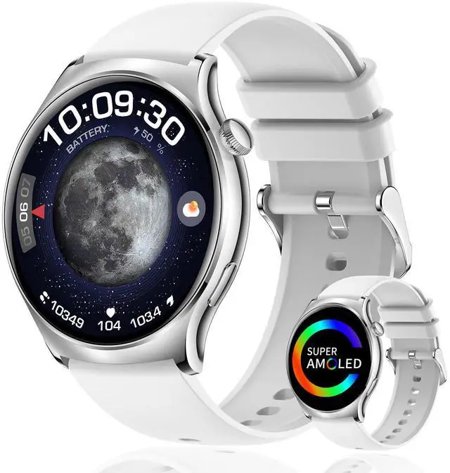 Main image of Smart Watch for Women Men, 1.43" HD AMOLED Fitness Tracker Smartwatch Compatible Android iPhone Phones with Bluetooth Call/Heart Rate Sleep Monitor/120+ Sports Modes/IP68 Waterproof, White