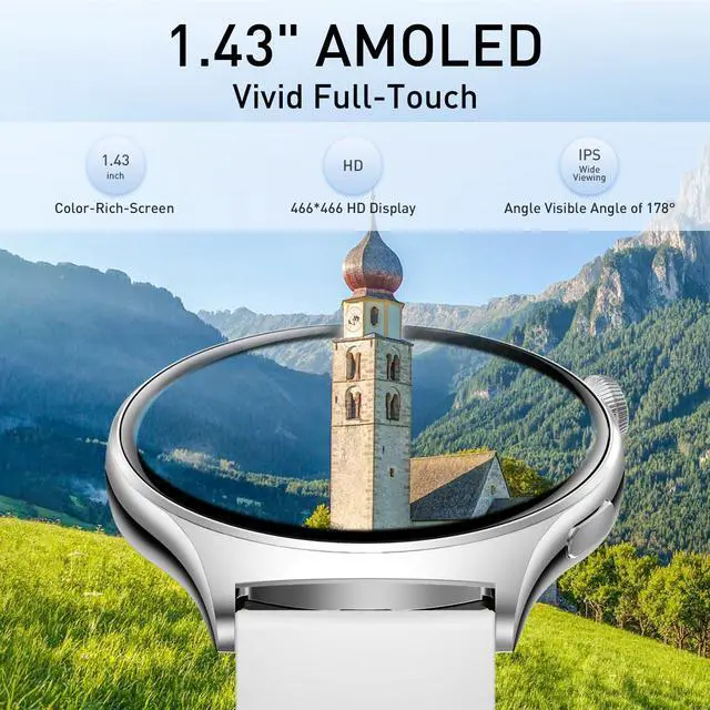 Alt view image 2 of 6 - Smart Watch for Women Men, 1.43" HD AMOLED Fitness Tracker Smartwatch Compatible Android iPhone Phones with Bluetooth Call/Heart Rate Sleep Monitor/120+ Sports Modes/IP68 Waterproof, White
