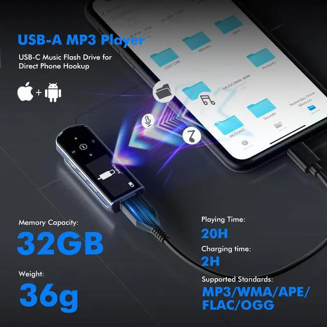 Alt view image 4 of 7 - 32GB USB MP3 Player with Bluetooth 5.3 & Clip for Sports Running | Portable Music Player, USB MP3 Player Stick with FM Radio, Voice Recorder, Digital Audio Shuffle Repeat, Phone File Transfer