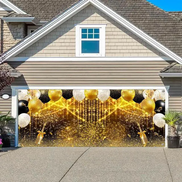 Alt view image 2 of 7 - 16X7ft Black and Gold Glitter Party Garage Door Cover Decoration, Birthday Wedding Bridal Prom Graduation New Year Balloons Garage Buddy Party Decor Banner Cover Photography Background