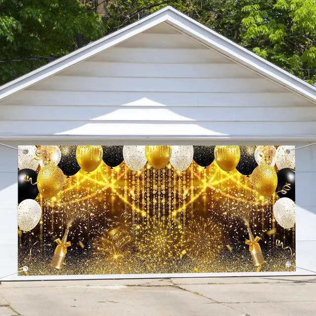 Alt view image 4 of 7 - 16X7ft Black and Gold Glitter Party Garage Door Cover Decoration, Birthday Wedding Bridal Prom Graduation New Year Balloons Garage Buddy Party Decor Banner Cover Photography Background