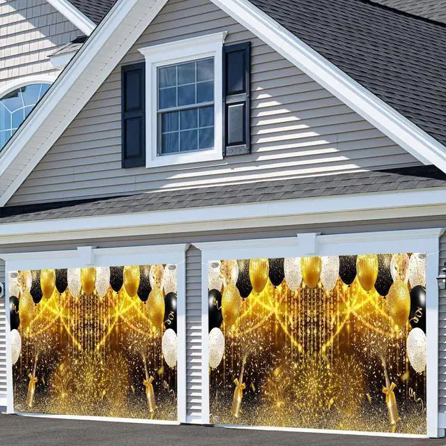 Alt view image 5 of 7 - 16X7ft Black and Gold Glitter Party Garage Door Cover Decoration, Birthday Wedding Bridal Prom Graduation New Year Balloons Garage Buddy Party Decor Banner Cover Photography Background