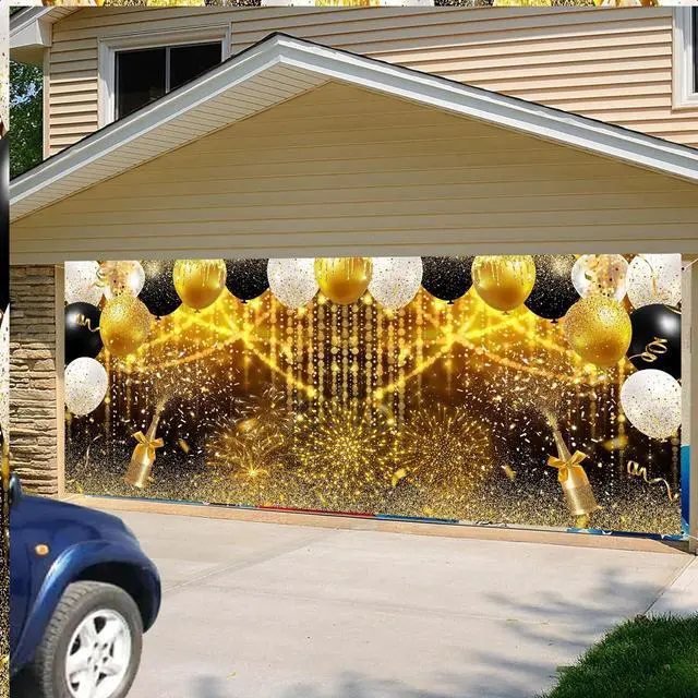 Alt view image 6 of 7 - 16X7ft Black and Gold Glitter Party Garage Door Cover Decoration, Birthday Wedding Bridal Prom Graduation New Year Balloons Garage Buddy Party Decor Banner Cover Photography Background