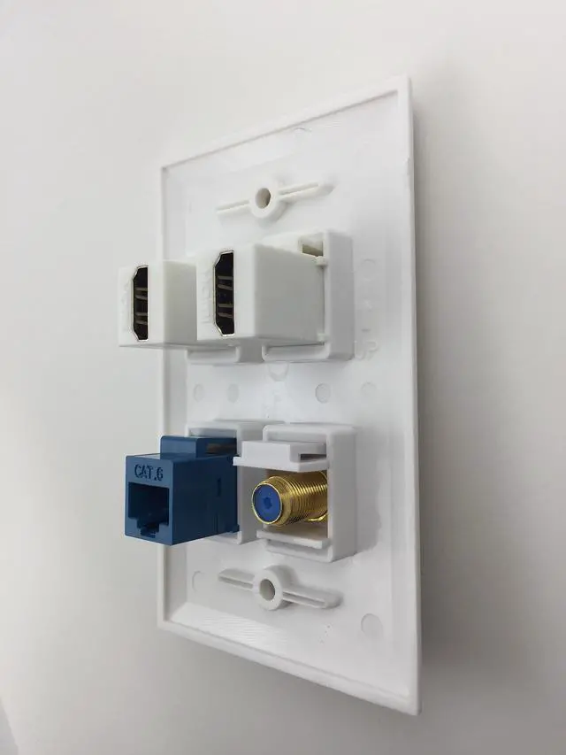 Alt view image 2 of 2 - 4 Port Wall Plate with Coaxial TV Cable F Type + Cat6 Ethernet +2 HDMI Keystone Female to Female Jack in White
