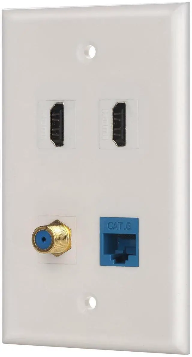 Main image of 4 Port Wall Plate with Coaxial TV Cable F Type + Cat6 Ethernet +2 HDMI Keystone Female to Female Jack in White