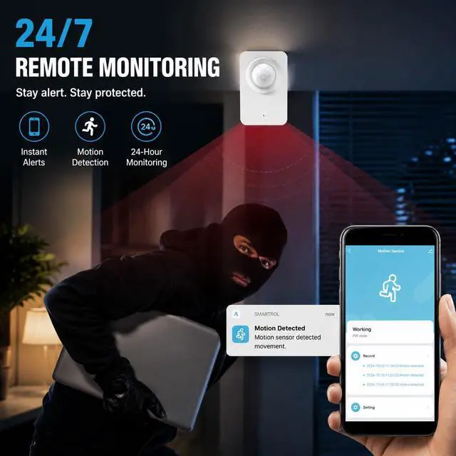 Alt view image 3 of 6 - WiFi Motion Sensor for Home Security, Smart PIR Motion Detector with Free App Alerts, Smart Life Remote Monitoring, 2.4GHz Wireless Sensor, No Hub Required for Smart Home Automation