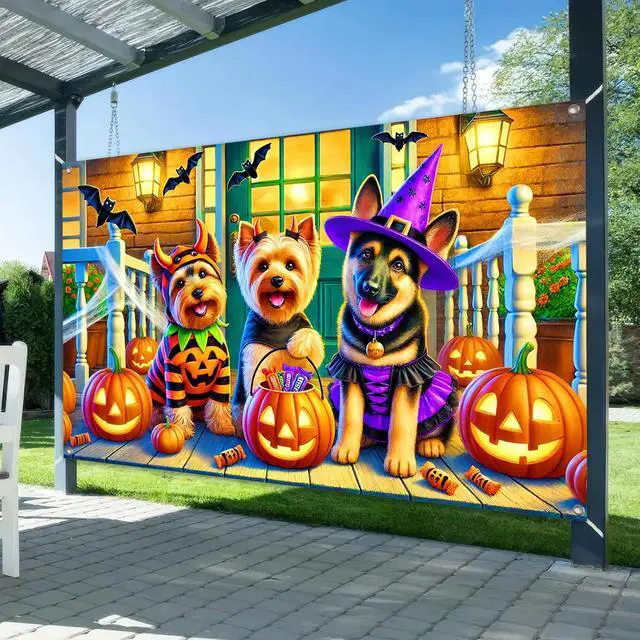 Alt view image 2 of 6 - Halloween Dog Banner Trick Or Treat Decorations 71 x 43 Inch | Halloween Party Banner Haunted Photo Backdrop for Yard Wall Haunted House Trick or Treat