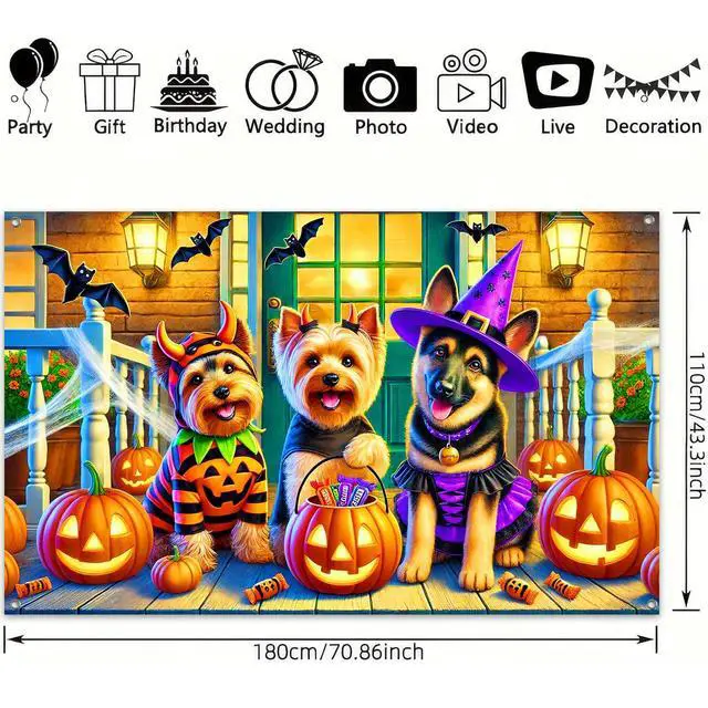 Alt view image 3 of 6 - Halloween Dog Banner Trick Or Treat Decorations 71 x 43 Inch | Halloween Party Banner Haunted Photo Backdrop for Yard Wall Haunted House Trick or Treat