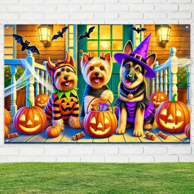 Alt view image 4 of 6 - Halloween Dog Banner Trick Or Treat Decorations 71 x 43 Inch | Halloween Party Banner Haunted Photo Backdrop for Yard Wall Haunted House Trick or Treat