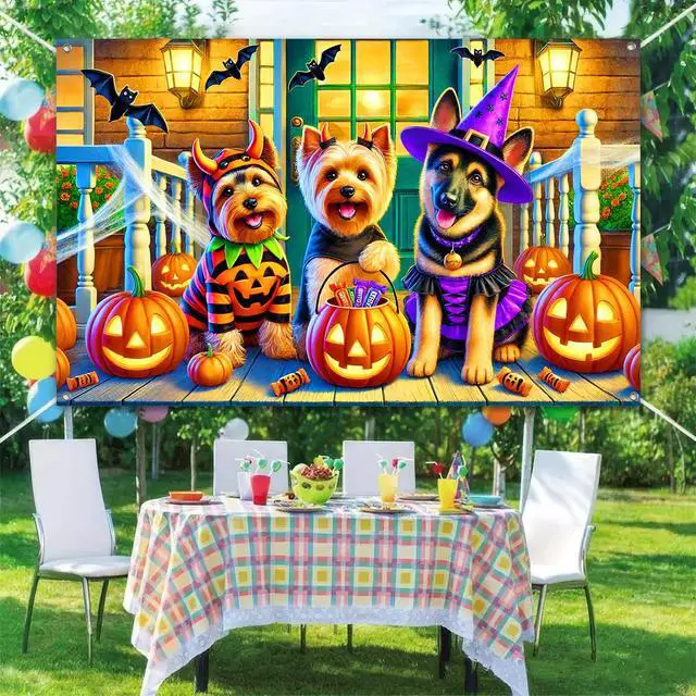 Alt view image 6 of 6 - Halloween Dog Banner Trick Or Treat Decorations 71 x 43 Inch | Halloween Party Banner Haunted Photo Backdrop for Yard Wall Haunted House Trick or Treat
