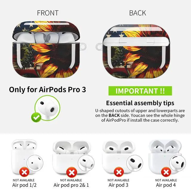 Alt view image 4 of 5 - Compatible with AirPod Pro 3 Case (2025), Cute Soft TPU Protective Shockproof AirPod Pro 3rd Generation Case Cover with Golden Keychain for Women Men American Flag Sunflower