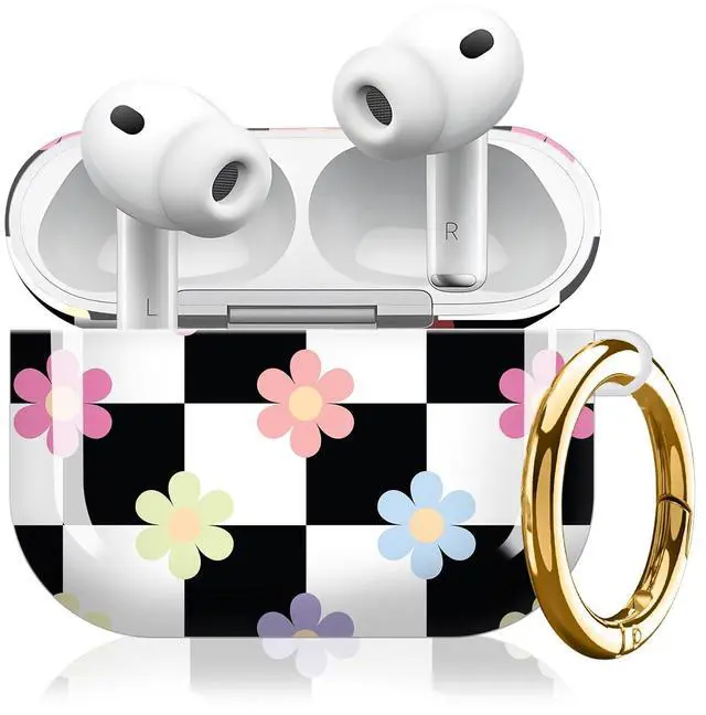 Main image of Compatible with AirPod Pro 3 Case (2025), Cute Soft TPU Protective Shockproof AirPod Pro 3rd Generation Case Cover with Golden Keychain for Women Men Black White Checkerboard Flowers