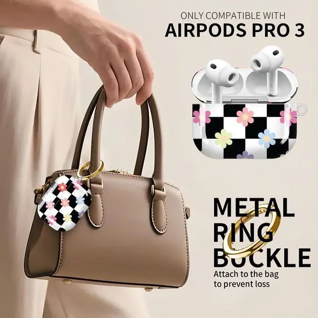 Alt view image 2 of 5 - Compatible with AirPod Pro 3 Case (2025), Cute Soft TPU Protective Shockproof AirPod Pro 3rd Generation Case Cover with Golden Keychain for Women Men Black White Checkerboard Flowers