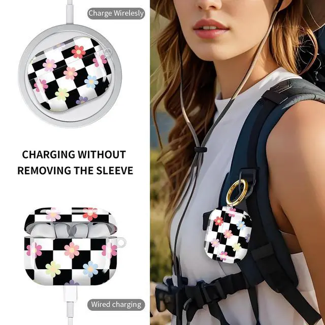 Alt view image 3 of 5 - Compatible with AirPod Pro 3 Case (2025), Cute Soft TPU Protective Shockproof AirPod Pro 3rd Generation Case Cover with Golden Keychain for Women Men Black White Checkerboard Flowers
