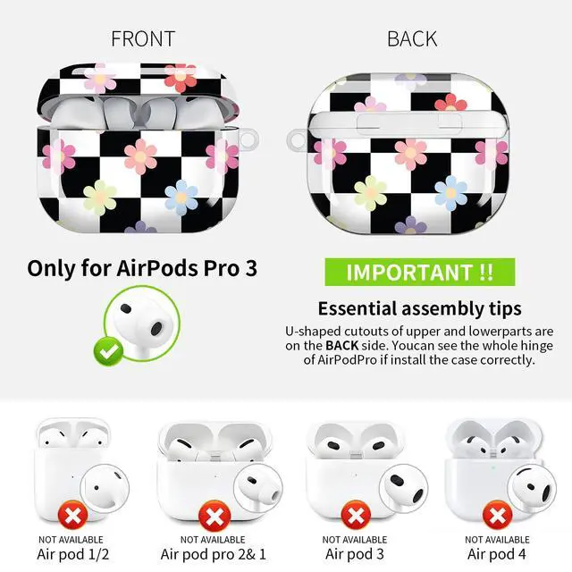 Alt view image 4 of 5 - Compatible with AirPod Pro 3 Case (2025), Cute Soft TPU Protective Shockproof AirPod Pro 3rd Generation Case Cover with Golden Keychain for Women Men Black White Checkerboard Flowers