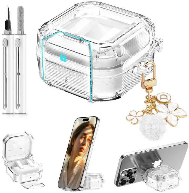 Main image of Safety Lock for Samsung Galaxy Buds 4 Pro Case/Galaxy Buds 4 Case Clear,Cute Flexible Hybrid TPU for Galaxy Bud 4/4 Pro Cover with Phone Stand with Girly Floral Keychain&Cleaning Pen-Clear