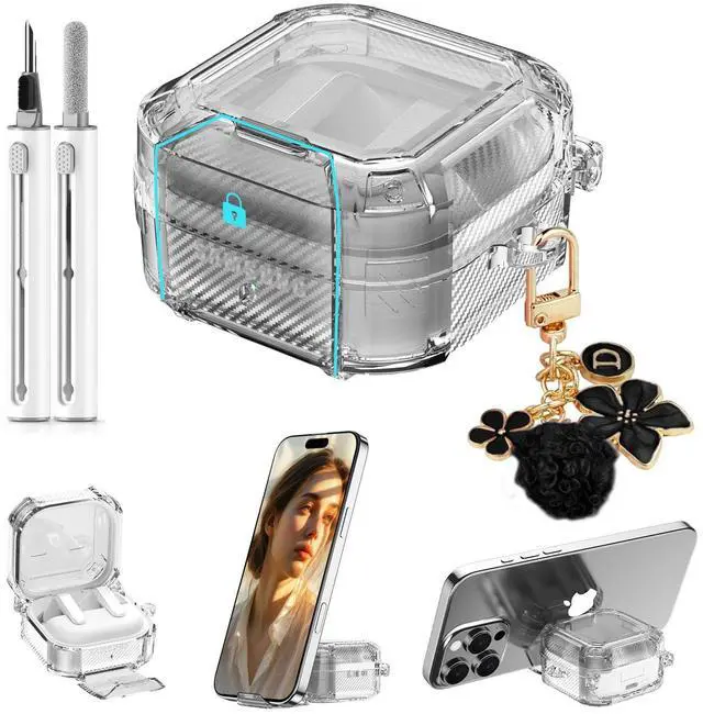 Main image of Safety Lock for Samsung Galaxy Buds 4 Pro Case/Galaxy Buds 4 Case Clear,Cute Flexible Hybrid TPU for Galaxy Bud 4/4 Pro Cover with Phone Stand with Girly Floral Keychain&Cleaning Pen-Black