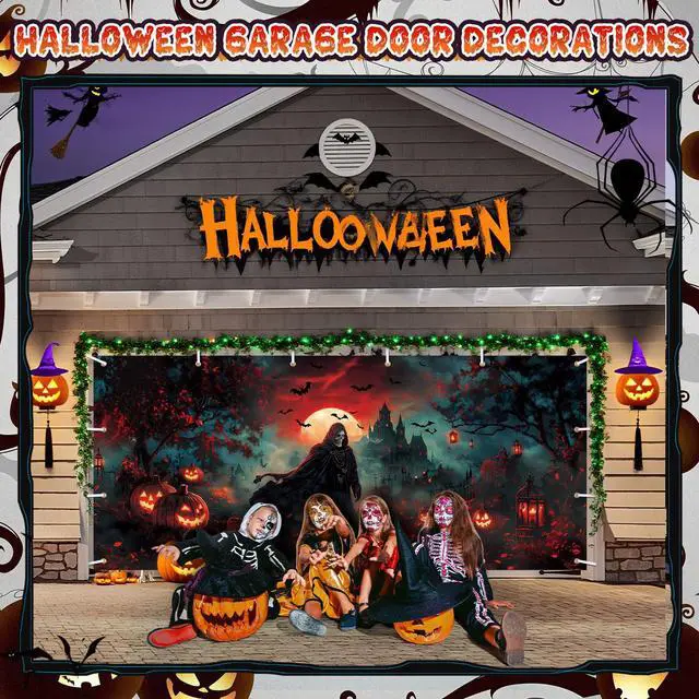 Alt view image 6 of 6 - 7x16ft Halloween Garage Door Banner Skull Backdrop Outdoor,Spooky | Gloomy Mural for Party Yard Window, Hanging Wall Cover, Haunted House Theme Holiday Decor, Easy Installation Backdrop