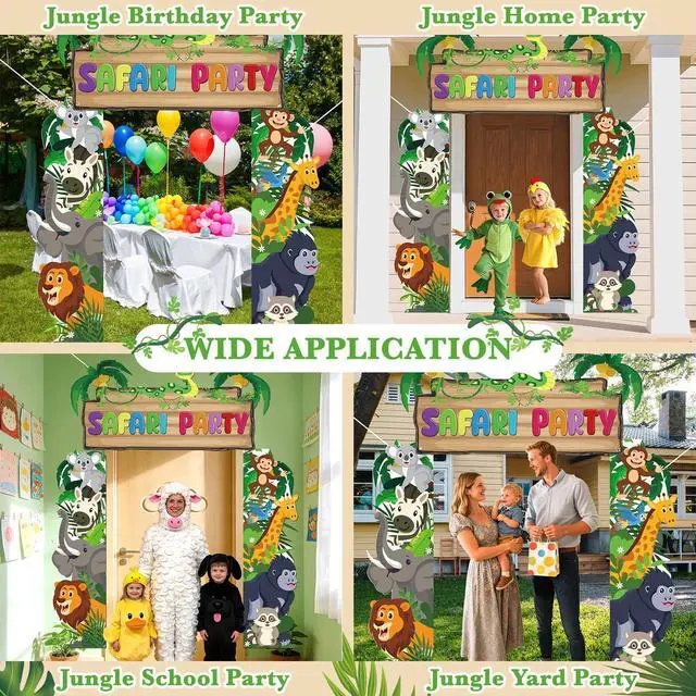 Alt view image 6 of 7 - Cartoon Jungle Safari Door Porch Banner Party Decoration Safari Animal Party Decor Backdrop Jungle Wild Animal Photo Booth Props Background for Safari Theme Birthday Party Decoration Baby Shower