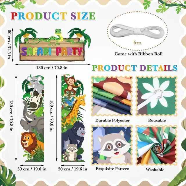 Alt view image 7 of 7 - Cartoon Jungle Safari Door Porch Banner Party Decoration Safari Animal Party Decor Backdrop Jungle Wild Animal Photo Booth Props Background for Safari Theme Birthday Party Decoration Baby Shower