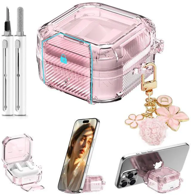 Main image of Safety Lock for Samsung Galaxy Buds 4 Pro Case/Galaxy Buds 4 Case Clear,Cute Flexible Hybrid TPU for Galaxy Bud 4/4 Pro Cover with Phone Stand with Girly Floral Keychain&Cleaning Pen-Pink