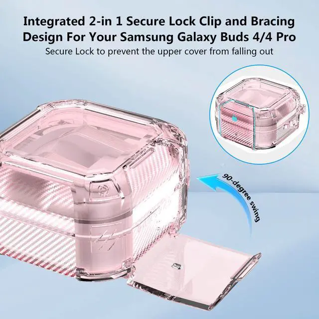 Alt view image 2 of 6 - Safety Lock for Samsung Galaxy Buds 4 Pro Case/Galaxy Buds 4 Case Clear,Cute Flexible Hybrid TPU for Galaxy Bud 4/4 Pro Cover with Phone Stand with Girly Floral Keychain&Cleaning Pen-Pink