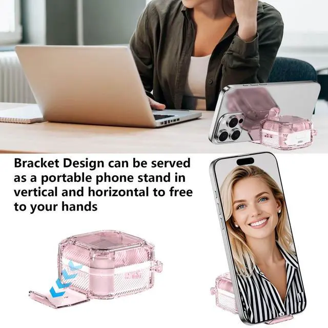 Alt view image 3 of 6 - Safety Lock for Samsung Galaxy Buds 4 Pro Case/Galaxy Buds 4 Case Clear,Cute Flexible Hybrid TPU for Galaxy Bud 4/4 Pro Cover with Phone Stand with Girly Floral Keychain&Cleaning Pen-Pink