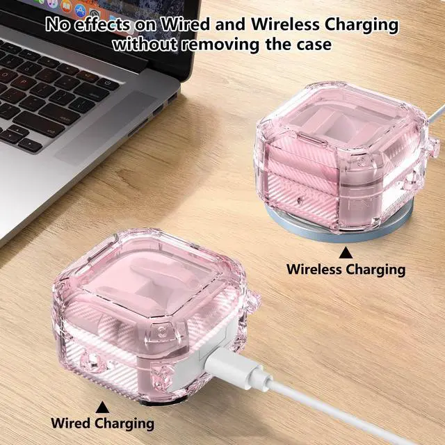 Alt view image 5 of 6 - Safety Lock for Samsung Galaxy Buds 4 Pro Case/Galaxy Buds 4 Case Clear,Cute Flexible Hybrid TPU for Galaxy Bud 4/4 Pro Cover with Phone Stand with Girly Floral Keychain&Cleaning Pen-Pink