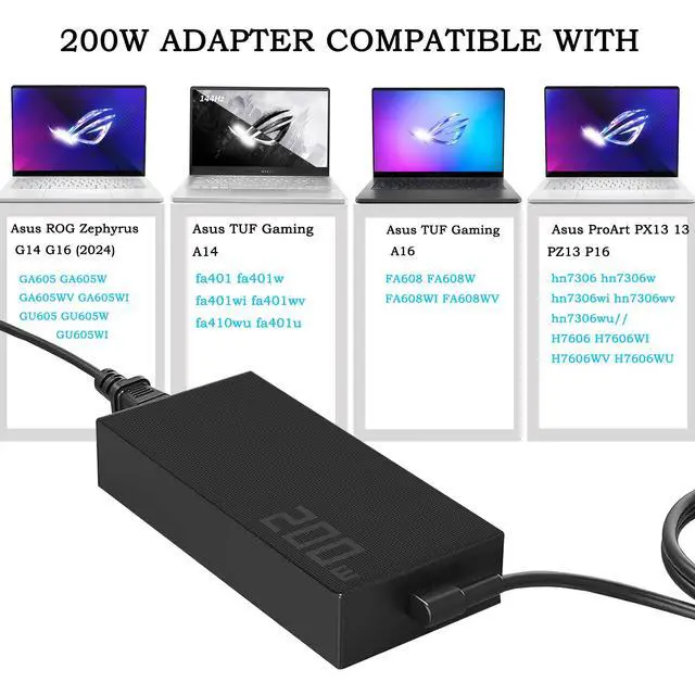 Alt view image 2 of 6 - 200W ADP-200JB K Adapter fit for Asus ROG Zephyrus G14 G16 V16 GA605 GU605 | GA605WV GA605WI Compatible with ASUS Flow Z13 ProArt P16 /PX13 /PZ13 H7606 HN7306 Laptop Charger 20V 10A