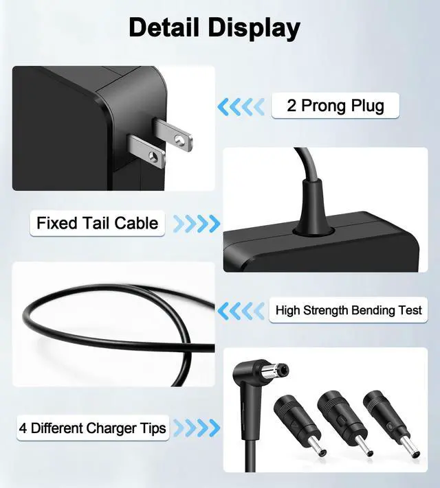 Alt view image 5 of 7 - 65W Laptop Charger Compatible with Asus Vivobook 15 16 17 Zenbook Flip Chromebook EeeBook Notebook Laptop 5.5 * 2.5mm with 3 Adapter, Support 45W 33W