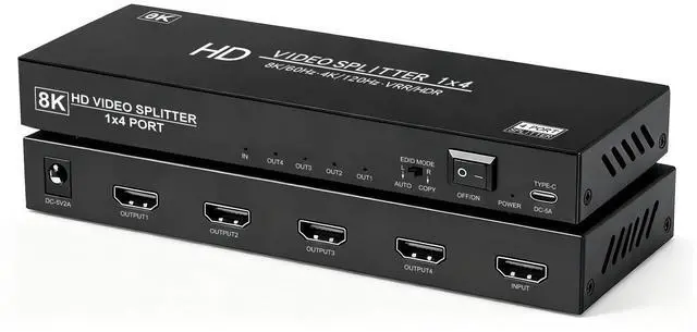 Main image of 8K HDMI Splitter 1 in 4 Out,4k@120Hz 1X4 hdmi 2.1 Splitter Support 8k@60Hz,4:4:4,48 Gbps,EDID,Auto Down Scaler,8K & 4K or 1080P Sync HDCP 2.3, VRR, HDR10+ for PS5Laptop,HDTV,Projector